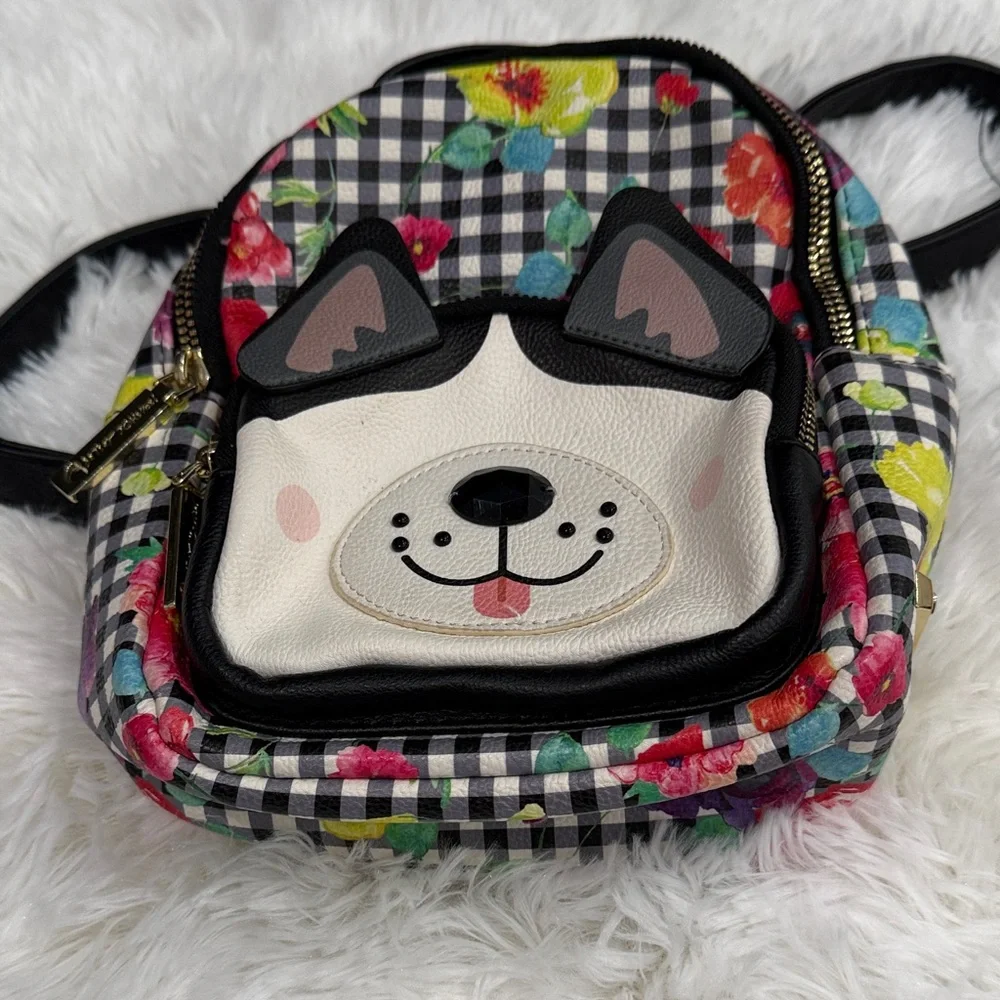 Betsey Johnson Floral Dog Backpack - Black, White, Pink